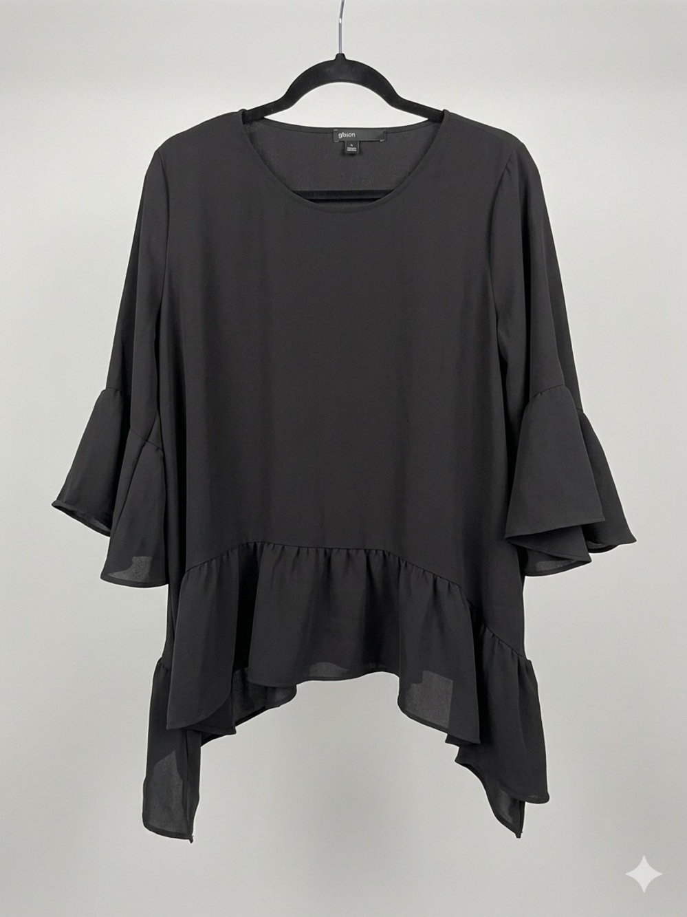Gibson Black Asymmetrical Blouse 3/4 Bell Sleeve Lagenlook Dressy Casual Size M